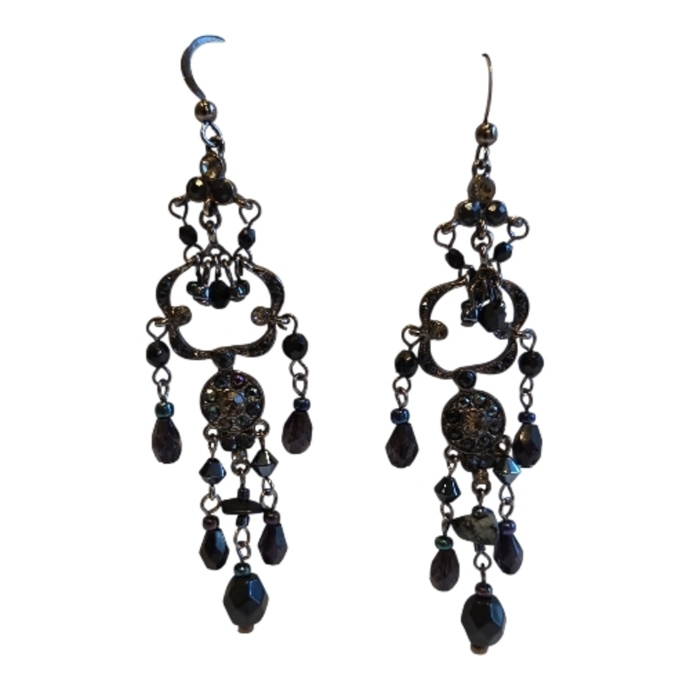 Elegant Black Bead And Crystal Chandelier Earrings